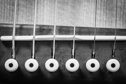 Black and white close-up of an acoustic guitar's strings and bridge.